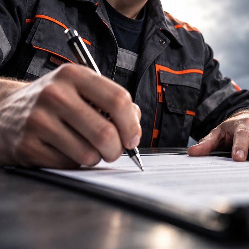 Mano in abiti da lavoro che firma un contratto